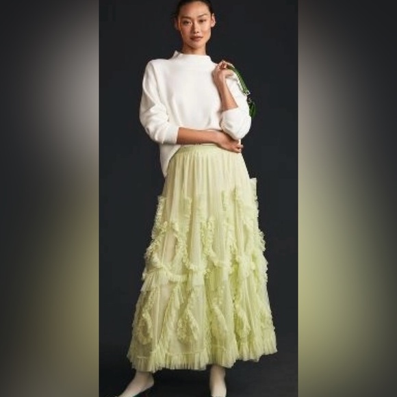 Pilcro Dresses & Skirts - Anthropologie Lime Green Ruffle Tulle Midi Skirt Large Romantic Cottagecore
